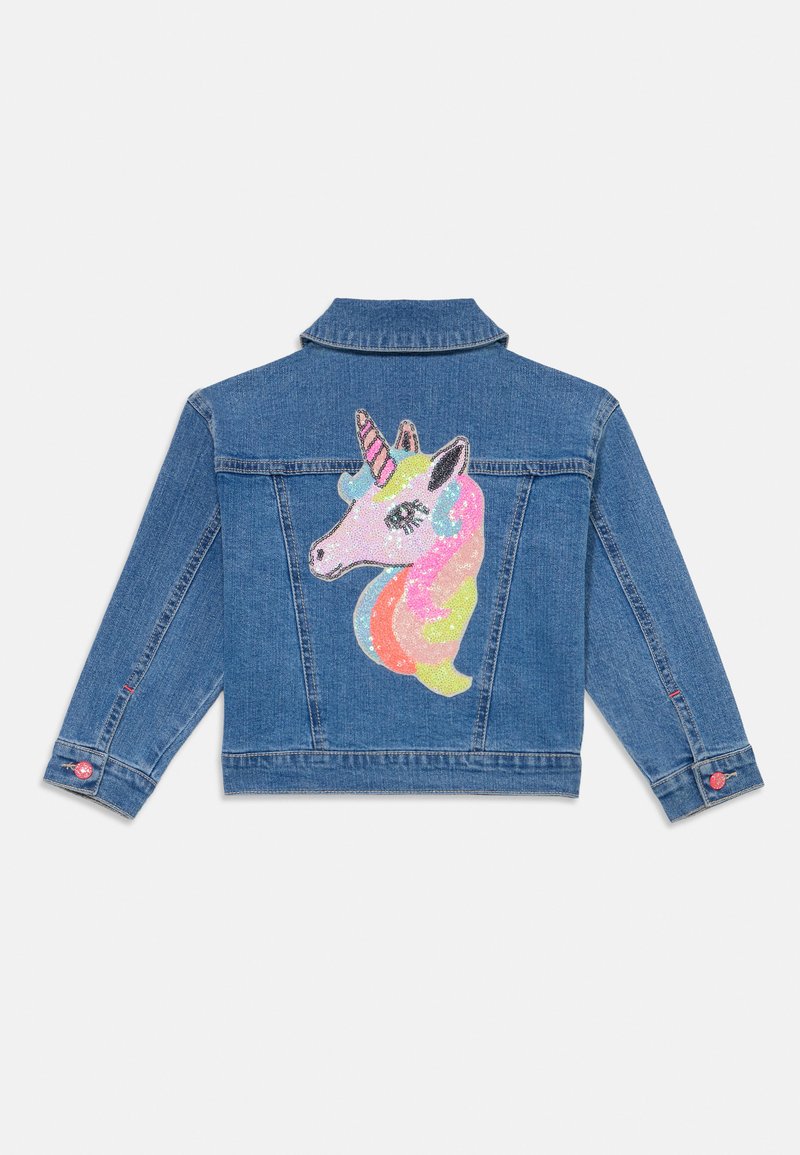 Giacca in jeans con unicorno, per bambine e bambine, con maniche scintillanti, per autunno, A-blu, 6-7 anni