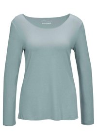 Langärmliges Oberteil aus weichem, hellblauem Stoff. Verfügt über einen weit ausgeschnittenen Hals und einen geraden Saum mit lässigem Schnitt. Das Etikett trägt die Aufschrift "GOLDNER."