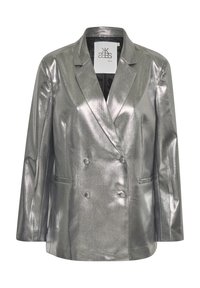Srebrni metalni blazer s glatkom teksturom, dvorednim dizajnom, reverima i dva prednja džepa. Oznaka vidljiva unutra.