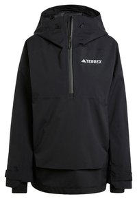 Veste Terrex noire imperméable avec un design à moitié zippé, capuche ajustable et sangles aux poignets. Caractérisée par un logo au niveau de la partie supérieure de la poitrine.