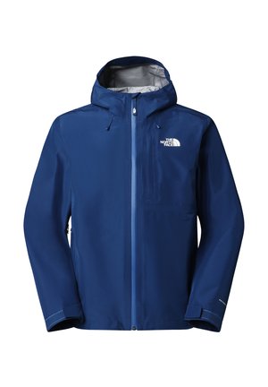 Herren wasserdichte blaue Jacke mit Kapuze, Frontreißverschluss, verstellbaren Bündchen und dem The North Face-Logo auf der Brust.