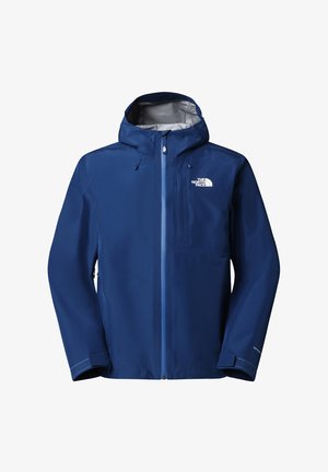 Chaqueta azul impermeable con capucha para hombre, con cremallera frontal, puños ajustables y el logo de The North Face en el pecho.