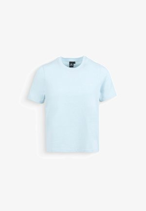 Light blue short-sleeve crew neck T-shirt, plain design, displayed against a white background.