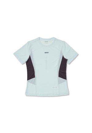 Svetlomodré športové tričko s krátkym rukávom, čiernymi sieťovinovými bočnými panelmi a logom "BROOKS" uprostred na hrudi.