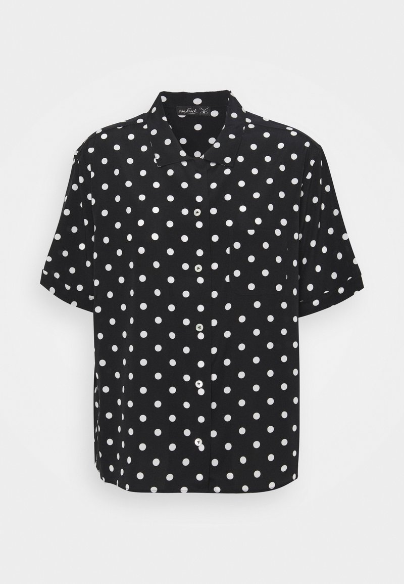 Short-sleeve black shirt with white polka dots, button front, and single chest pocket. Made of lightweight fabric with a smooth texture.