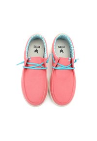 Pink canvas shoes with a textured upper, contrasting blue laces, and a patterned blue inner lining. Rubber sole with a rounded toe.