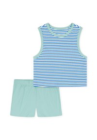 Débardeur rayé en blanc, bleu et vert avec un short uni en menthe assorti. Tissu doux, design sans manches et taille élastique sur le short.