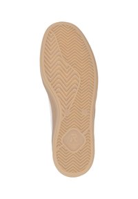 Light tan rubber shoe sole featuring a zigzag tread pattern and a logo in the center. Smooth texture with slight curvature along the edges.