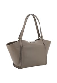 Gray leather tote bag with smooth texture, elongated shape, two shoulder straps, silver hardware accents, and a flat top opening.