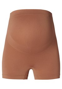 Bodysuit-shorts i en glat, strækbar, brun stof med høj talje og afrundede syninger, designet til komfort og støtte.