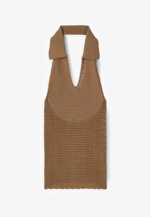 Ruskea neulottu hihaton toppi, jossa leveä kaulus ja avoin neuloskuvio, syvällä V-pääntiellä ja hihattomalla mallilla.