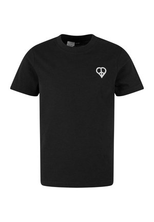 T-shirt en coton noir avec un col rond, des manches courtes et un petit logo en forme de signe de paix blanc à l'intérieur d'un cœur sur la zone gauche de la poitrine.