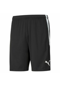 Pantaloni sportivi neri realizzati in tessuto leggero con vita elasticizzata, dotati di strisce bianche sui lati e un piccolo logo sulla parte inferiore della gamba.