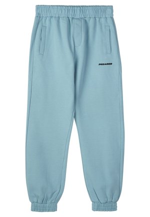 Šviesiai mėlynos sportinės kelnės su elastingu juosmeniu, šoninėmis kišenėmis ir gyslotos blauzdų dalimis. Priekyje yra juodas "PEGADOR" logotipas.