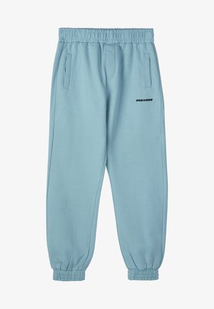 Gaiši zili treniņbikses ar elastīgu jostasvietu, sānu kabatām un ribotām potīšu aprocēm. Priekšpusē ir melns "PEGADOR" logo.