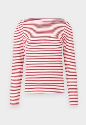 Rood-witte gestreepte top met lange mouwen en een boothals. Gemaakt van een zachte stof met gelijkmatig verdeelde horizontale strepen.