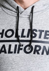 Felpa con cappuccio grigia in tessuto morbido con tasca a marsupio frontale. Coulisse nere e stampa prominente "HOLLISTER CALIFORNIA" sul petto.