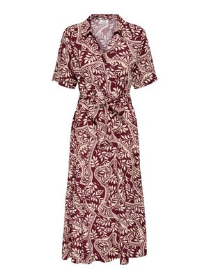 Maroon midi dress with beige abstract leaf pattern, short sleeves, collared neckline, and a waist tie belt.
