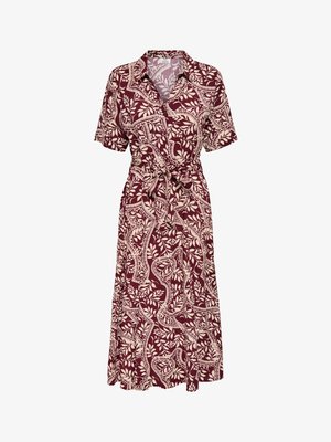 Maroon midikjole med beige abstrakt bladmønster, korte ærmer, krave og bælte i taljen.