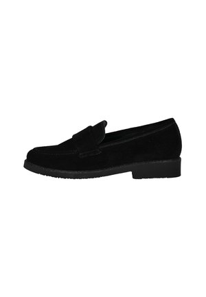 Black suede loafer with a moccasin-style upper, flat rubber sole, and stitching details along the edge. Simple, sleek design.