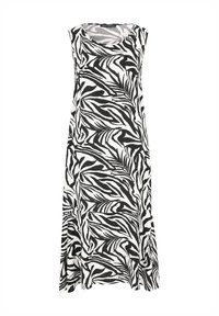 Schwarz-weißes ärmelloses Kleid mit einem Allover-Zebramuster. Hergestellt aus leichtem Stoff mit rundem Ausschnitt und ausgestelltem Saum.