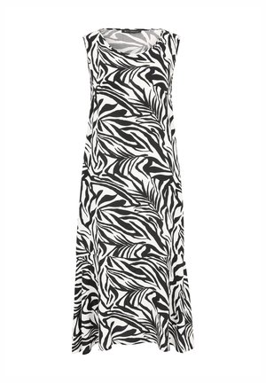 Robe sans manches en noir et blanc avec un motif de feuilles de zèbre sur toute la surface. Fabriquée en tissu léger, elle présente un col rond et un ourlet évasé.