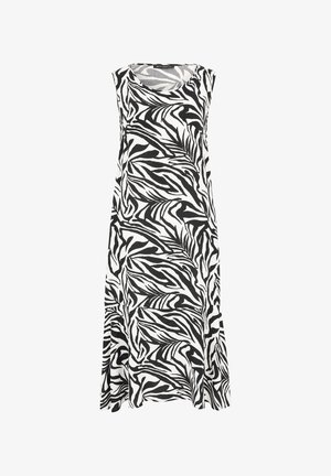 Sort og hvid ærmeløs kjole med et helsides zebraløvsmønster. Lavet af letvægtsstof med rund halsudskæring og udvidet kant.