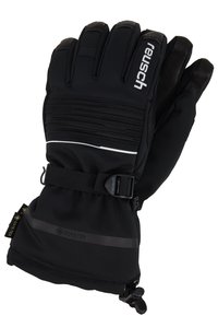 Schwarze Handschuhe mit einem wasserdichten GORE-TEX-Futter, strukturierten Griffakzenten, einem sicheren Riemen und einem gerippten Design für verbesserte Isolierung.