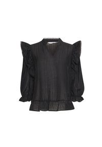 Blusa nera con maniche a volant, scollo a V e un tessuto testurizzato. Accentuata da un bordo in pizzo sullo scollo e sull'orlo.