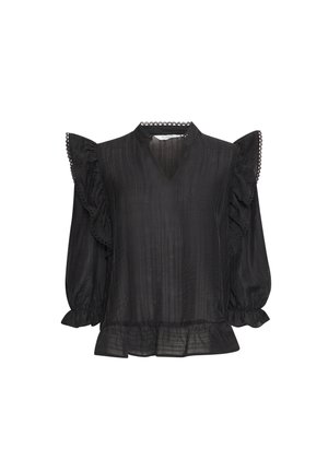 Černá blůza s volány na rukávech, výstřihem do V a texturovanou tkaninou. Doplnena krajkovým lemováním na výstřihu a spodním lemě.