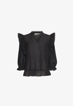 Zwarte blouse met ruffled mouwen, een V-halslijn en een gestructureerde stof. Accentuering met kantafwerking bij de halslijn en zoom.