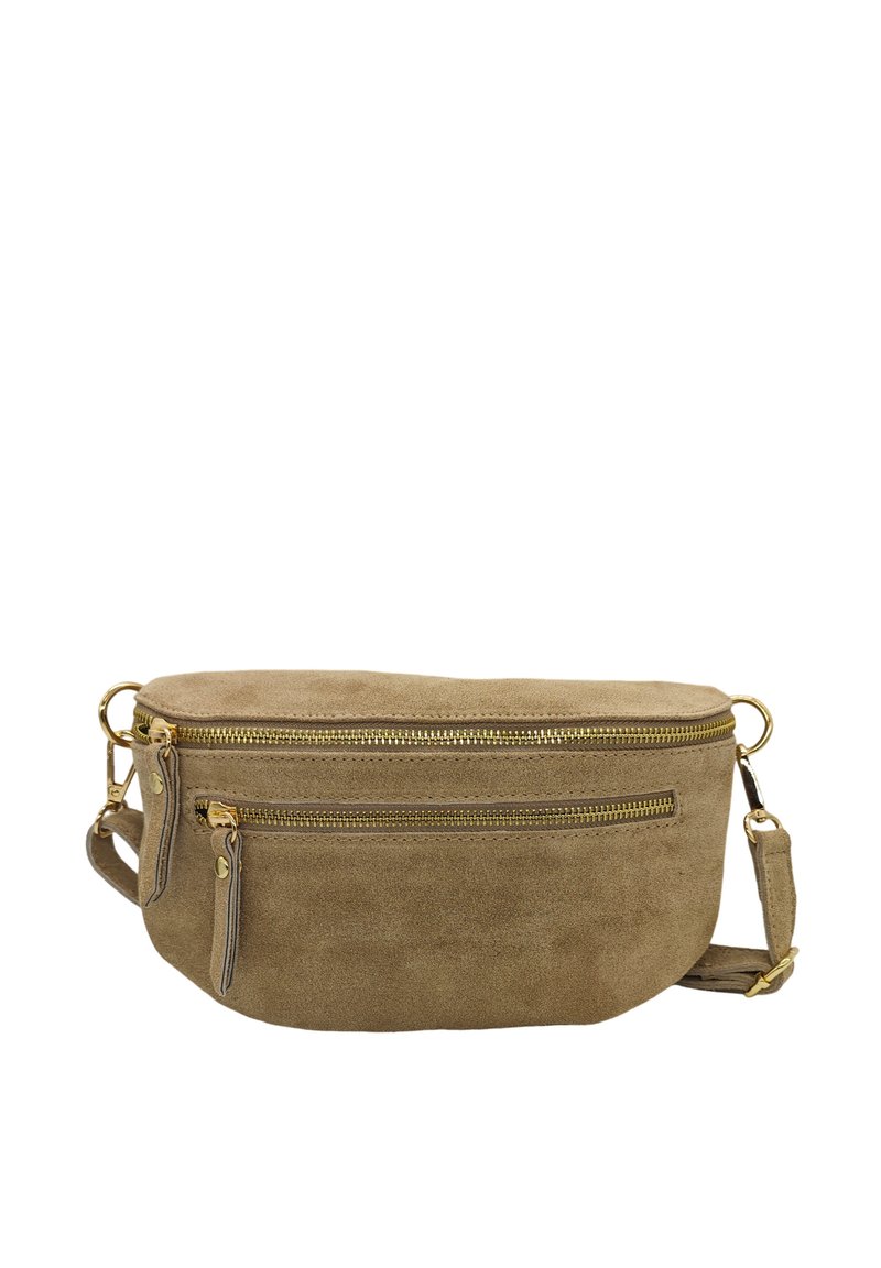 Sac en daim marron à bandoulière avec quincaillerie dorée, deux compartiments zippés et une bandoulière ajustable. Texture lisse, forme arrondie.