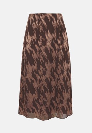 Hnedá midi sukňa s abstraktným vzorom svetlohnedých ťahov štetcom a miernym rozšírením na spodnom leme.