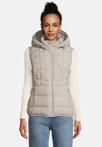 Lichtgrijze puffervest met een capuchon, gequilt ontwerp, sluiting met rits aan de voorkant en twee zijzakken. Voorzien van een verstelbare trekkoord in de capuchon.