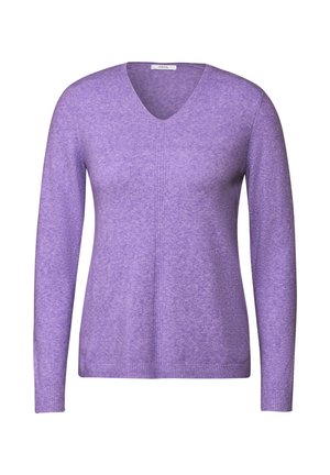 Pull violet à manches longues avec un col en V, fabriqué dans un matériau doux. Présente des poignets et un ourlet côtelés, avec une texture subtile et un design sans coutures.