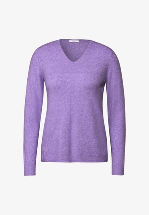Purple long-sleeve sweater with a V-neck, made of soft material. Features ribbed cuffs and hem, with subtle texture and seamless design.