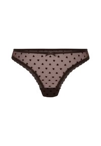 Braune Spitzen-stringtanga mit transparentem Netz und kleinen braunen Herzmustern, einer Satin-Schleife vorne und voller Rückabdeckung.