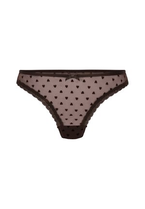Bruine string met kant, voorzien van sheer mesh met kleine bruine hartjespatronen, een satijnen strikdetail aan de voorkant en volledige bedekking aan de achterkant.