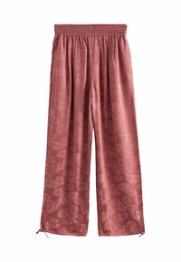 Pantaloni a gamba larga in un morbido tessuto color rosa con un motivo floreale. Vita elastica con lacci regolabili alla caviglia.
