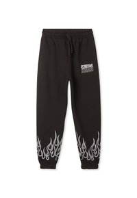 Czarne dresy z elastyczną talią i ściągaczami, z białymi grafikami płomieni u dołu oraz nadrukowanym logo "time less" z przodu.