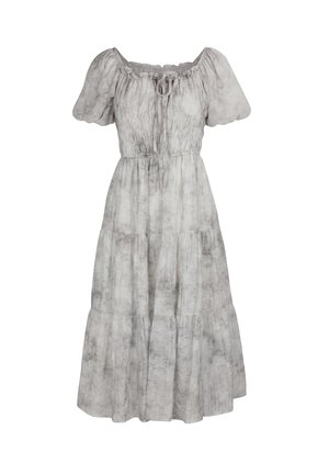 Light gray, short-sleeve, knee-length dress with smocked bodice, tie neckline, puff sleeves, and subtle floral pattern.