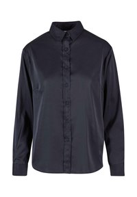 Donkerblauw, langmouwig overhemd met knopen van glad, glanzend stof. Voorzien van een klassieke kraag en zes knopen aan de voorkant.