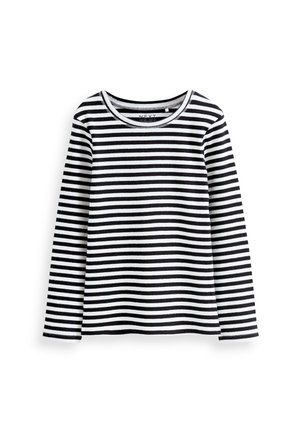 Chemise à manches longues à rayures noires et blanches avec un col rond et une texture côtelée. Tissu doux et rayures horizontales régulièrement espacées.