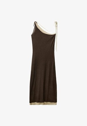 Brun jersey kjole med en enkelt skulderdesign, beige kant ved halsudskæringen og kanten, med justerbar snøre detaljer på skulderen.