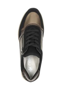 Veterschoen in zwart en metallic brons leer, met een zijrits, een gevoerd voetbed en een ronde neus.