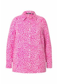 Lyserød skjorte med leopardprint mønster. Letvægtsstof, lange ærmer, klassisk krave og frontlukning med knapper.