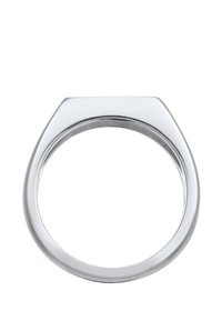 Silverfärgad metallring med en slät, polerad yta, som har en platt, rektangulär topp och ett cirkulärt band, vilket ger en minimalistisk design.