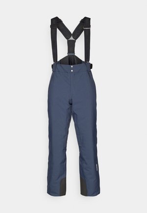 Marine waterproof skibroeken met verstelbare zwarte bretels, twee voorste knopen en zwarte versterkte zomen voor duurzaamheid. Soepele stoffen textuur.