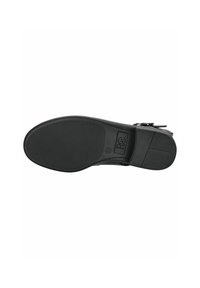 Suela de zapato negra con goma texturizada, ligera curva, logotipo en relieve y etiqueta de talla. Bordes suaves con un tacón plano, diseñado para la estabilidad.