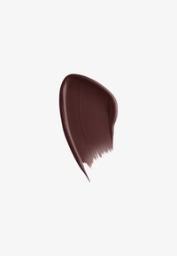 Peinture liquide brun foncé avec une finition brillante, formant un échantillon lisse et courbé avec une pointe et une texture de coup de pinceau légère.